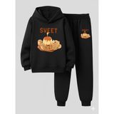 Lorvex Çocuk Kapüşonlu Sweet Baskılı 3 Iplik Şardonlu Sweatshirt Eşofman Takım Kalın Kışlık Spor Kombin - 11 - 12 Yaş - 5-Siyah