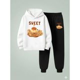 Lorvex Çocuk Kapüşonlu Sweet Baskılı 3 Iplik Şardonlu Sweatshirt Eşofman Takım Kalın Kışlık Spor Kombin - 7 - 8 Yaş - 001-Beyaz