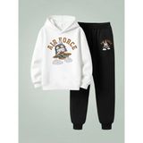 Lorvex Çocuk Kapüşonlu Takım Aır Force Baskılı 3 Iplik Şardonlu Sweatshirt-Eşofman Takım - 5 - 6 Yaş - 001-Beyaz