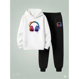 Lorvex Çocuk Kapüşonlu Takım Kulaklık Baskılı 3 Iplik Şardonlu Sweatshirt Eşofman Kalın Kışlık Spor Kombin - 5 - 6 Yaş - 001-Beyaz