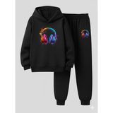 Lorvex Çocuk Kapüşonlu Takım Kulaklık Baskılı 3 Iplik Şardonlu Sweatshirt Eşofman Kalın Kışlık Spor Kombin - 9 - 10 Yaş - 5-Siyah