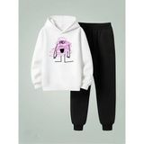 Lorvex Çocuk Kapüşonlu Takım Mor Karalama Baskılı 3 Iplik Şardonlu Sweatshirt-Eşofman Takım - 13 - 14 Yaş - 001-Beyaz