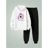 Lorvex Çocuk Kapüşonlu Takım Mor Karalama Baskılı 3 Iplik Şardonlu Sweatshirt-Eşofman Takım - 7 - 8 Yaş - 001-Beyaz