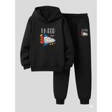 Lorvex Çocuk Kapüşonlu Takım My Space Baskılı 3 Iplik Şardonlu Sweatshirt Eşofman Kalın Kışlık Spor Kombin - 9 - 10 Yaş - 5-Siyah