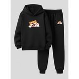 Lorvex Çocuk Kapüşonlu Takım Tatlı Köpek Baskılı 3 Iplik Şardonlu Sweatshirt-Eşofman Takım - 5 - 6 Yaş - 5-Siyah