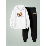 Lorvex Çocuk Kapüşonlu Takım Tatlı Köpek Baskılı 3 Iplik Şardonlu Sweatshirt-Eşofman Takım - 7 - 8 Yaş - 001-Beyaz