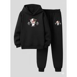 Lorvex Çocuk Kapüşonlu Tatlı Inek Baskılı 3 Iplik Şardonlu Sweatshirt Eşofman Takım Kalın Kışlık Spor - 5 - 6 Yaş - 5-Siyah