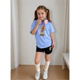 Lorvex Çocuk Şortlu Takım Kız (Şort-T-Shirt) Baskılı Yazlık Spor Kombin Rahat Kalıp Takım - 11 - 12 Yaş - 04G-Mavi