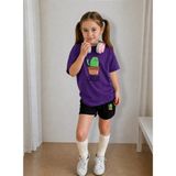 Lorvex Çocuk Şortlu Takım Kız (Şort-T-Shirt) Baskılı Yazlık Spor Kombin Rahat Kalıp Takım - 11 - 12 Yaş - Altın - Mor