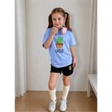 Lorvex Çocuk Şortlu Takım Kız (Şort-T-Shirt) Baskılı Yazlık Spor Kombin Rahat Kalıp Takım - 13 - 14 Yaş - 04G-Mavi