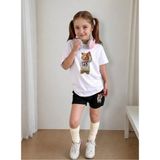 Lorvex Çocuk Şortlu Takım Kız (Şort-T-Shirt) Baskılı Yazlık Spor Kombin Rahat Kalıp Takım - 5 - 6 Yaş - 001-Beyaz