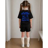 Lorvex Çocuk Şortlu Takım Kız (Şort-T-Shirt) Baskılı Yazlık Spor Kombin Rahat Kalıp Takım - 5 - 6 Yaş - 5-Siyah