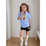 Lorvex Çocuk Şortlu Takım Kız (Şort-T-Shirt) Baskılı Yazlık Spor Kombin Rahat Kalıp Takım - 9 - 10 Yaş - 04G-Mavi
