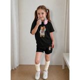 Lorvex Çocuk Şortlu Takım Kız (Şort-T-Shirt) Baskılı Yazlık Spor Kombin Rahat Kalıp Takım - 9 - 10 Yaş - 5-Siyah