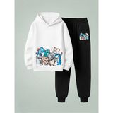 Lorvex Çocuk Sweatshirt-Eşofman Takım Kapüşonlu Tatlı Dinazorlar Baskılı 3 Iplik Şardonlu - 5 - 6 Yaş - 001-Beyaz