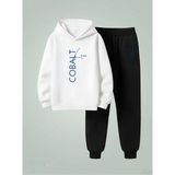 Lorvex Çocuk Takım Sweatshirt-Eşofman Unısex (Kapüşonlu) Cobalt Lace Baskılı 3 Iplik Şardonlu - 9 - 10 Yaş - 001-Beyaz