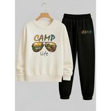 Lorvex Erkek Çocuk Beyaz Sweatshirt-Eşofman Takım Bisiklet Yaka Camp Glasses Baskılı 3 Iplik Şardonlu - 11 - 12 Yaş - 001-Beyaz