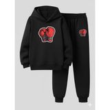 Lorvex Erkek Çocuk Kapüşonlu Takım Boks Baskılı 3 Iplik Şardonlu Sweatshirt ve Eşofman Kalın Kışlık - 5 - 6 Yaş - 5-Siyah