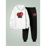 Lorvex Erkek Çocuk Kapüşonlu Takım Boks Baskılı 3 Iplik Şardonlu Sweatshirt ve Eşofman Kalın Kışlık - 7 - 8 Yaş - 001-Beyaz