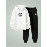 Lorvex Erkek Çocuk Kapüşonlu Takım Futbol Topu Baskılı 3 Iplik Şardonlu Sweatshirt-Eşofman Takım - 9 - 10 Yaş - 001-Beyaz