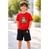 Lorvex Erkek-Kız Çocuk Tişört Şort Takım %100 Pamuk Yazlık Rahat Kalıp Baskılı T-Shirt Çocuk Kombin - 11 - 12 Yaş - 06R-Kırmızı