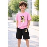 Lorvex Erkek-Kız Çocuk Tişört Şort Takım %100 Pamuk Yazlık Rahat Kalıp Baskılı T-Shirt Çocuk Kombin - 11 - 12 Yaş - 0P - Pembe
