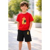 Lorvex Erkek-Kız Çocuk Tişört Şort Takım %100 Pamuk Yazlık Rahat Kalıp Baskılı T-Shirt Çocuk Kombin - 13 - 14 Yaş - 06R-Kırmızı