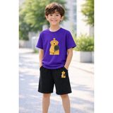 Lorvex Erkek-Kız Çocuk Tişört Şort Takım %100 Pamuk Yazlık Rahat Kalıp Baskılı T-Shirt Çocuk Kombin - 5 - 6 Yaş - Altın - Mor