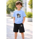 Lorvex Erkek-Kız Çocuk Tişört Şort Takım %100 Pamuk Yazlık Rahat Kalıp Baskılı T-Shirt Çocuk Kombin - 9 - 10 Yaş - 04G-Mavi