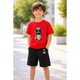 Lorvex Erkek-Kız Çocuk Tişört Şort Takım %100 Pamuk Yazlık Rahat Kalıp Baskılı T-Shirt Çocuk Kombin - 9 - 10 Yaş - 06R-Kırmızı