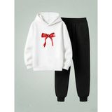 Lorvex Kapüşonlu Çocuk Sweatshirt-Eşofman Takım Kırmızı Kurdele Baskılı - 11 - 12 Yaş - 001-Beyaz