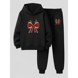 Lorvex Kapüşonlu Çocuk Sweatshirt-Eşofman Takım Kırmızı Parıltılı Kurdele Baskılı - 5 - 6 Yaş - 5-Siyah