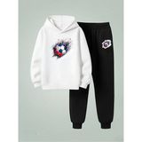 Lorvex Kapüşonlu Sweatshirt-Eşofman Takım Erkek Çocuk Renkli Futbol Topu Baskılı 3 Iplik Şardonlu - 9 - 10 Yaş - 001-Beyaz