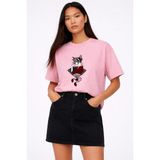 Lorvex Kedi Maskeli Kadın Baskılı Oversize Unisex Pamuklu Pembe Tshirt-Tişört - 50-Pembe - XL