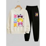 Lorvex Kız Çocuk Beyaz Sweatshirt-Eşofman Takım Bisiklet Yaka Renkli Kediler Baskılı 3 Iplik Şardonlu - 9 - 10 Yaş - 001-Beyaz