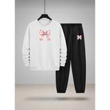 Lorvex Kız Çocuk Bisiklet Yaka Sweatshirt ve Eşofman Takım Pembe Kurdele Baskılı 3 Iplik Şardonlu - 9 - 10 Yaş - 001-Beyaz