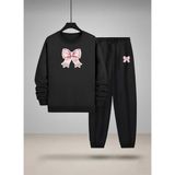 Lorvex Kız Çocuk Bisiklet Yaka Sweatshirt ve Eşofman Takım Pembe Kurdele Baskılı 3 Iplik Şardonlu - 9 - 10 Yaş - 5-Siyah