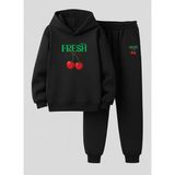 Lorvex Kız Çocuk Kapüşonlu Sweatshirt-Eşofman Takım Petit Kiraz Baskılı 3 Iplik Şardonlu - 11 - 12 Yaş - 5-Siyah