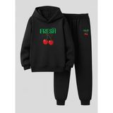Lorvex Kız Çocuk Kapüşonlu Sweatshirt-Eşofman Takım Petit Kiraz Baskılı 3 Iplik Şardonlu - 7 - 8 Yaş - 5-Siyah