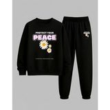 Lorvex Kız Çocuk Sweatshirt-Eşofman Takım Bisiklet Yaka Peace Baskılı 3 Iplik Şardonlu - 9 - 10 Yaş - 5-Siyah