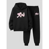 Lorvex Kız Çocuk Sweatshirt-Eşofman Takım (Kapüşonlu) Pembe Tatlı Kurdele Baskılı 3 Iplik Şardonlu - 11 - 12 Yaş - 5-Siyah