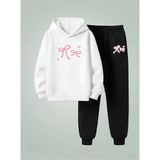 Lorvex Kız Çocuk Sweatshirt-Eşofman Takım (Kapüşonlu) Pembe Tatlı Kurdele Baskılı 3 Iplik Şardonlu - 13 - 14 Yaş - 001-Beyaz