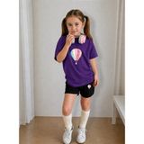 Lorvex Kız Çocuk Tişört ve Şort Takım Baskılı Pamuklu Yazlık Rahat Kalıp Kombin - 5 - 6 Yaş - Altın - Mor