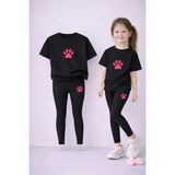 Lorvex Kız T-Shirt ve Esnek Tayt Seti Çocuk Takım %100 Pamuk Pembe Pati Baskılı – Günlük Rahat Spor Kombin - 11 - 12 Yaş - 5-Siyah
