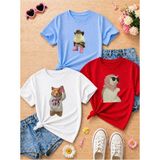 Lorvex Sevimli Figür Hayvanlar Baskılı Oversize %100 Pamuklu Renkli Çocuk-Yetişkin T-Shirt (3'lü) - 001-Beyaz - 2XL
