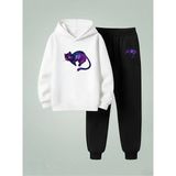 Lorvex Sweatshirt-Eşofman Takım Çocuk (Kapüşonlu) Mor Renkli Kedi Baskılı 3 Iplik Şardonlu - 11 - 12 Yaş - 001-Beyaz
