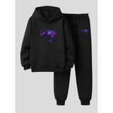 Lorvex Sweatshirt-Eşofman Takım Çocuk (Kapüşonlu) Mor Renkli Kedi Baskılı 3 Iplik Şardonlu - 9 - 10 Yaş - 5-Siyah