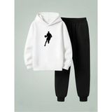 Lorvex Sweatshirt-Eşofman Takım Çocuk Kapüşonlu Takım Basket Koşusu Baskılı 3 Iplik Şardonlu - 7 - 8 Yaş - 001-Beyaz