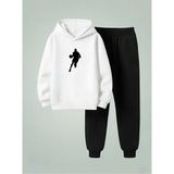 Lorvex Sweatshirt-Eşofman Takım Çocuk Kapüşonlu Takım Basket Koşusu Baskılı 3 Iplik Şardonlu - 9 - 10 Yaş - 001-Beyaz