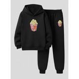 Lorvex Sweatshirt-Eşofman Takım Çocuk Kapüşonlu Takım Çizgili Pop Corn Baskılı 3 Iplik Şardonlu - 5 - 6 Yaş - 5-Siyah